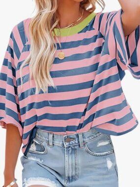 Striped Pink and Blue Short Sleeve Tee with Lime Trim